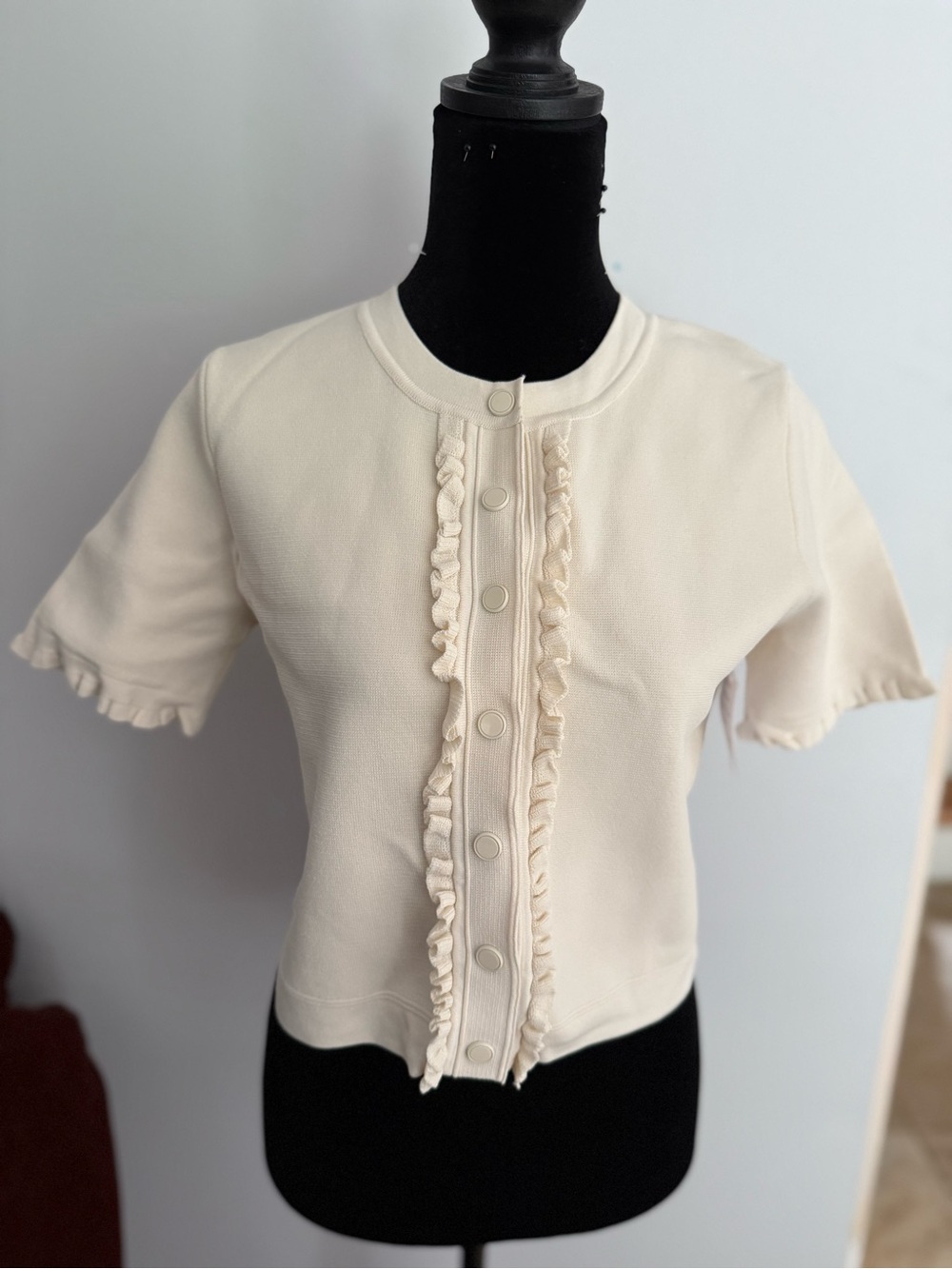 Jason Wu Cream Ruffle-Trim Short Sleeve Button Cardigan